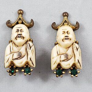 Vintage Selro? Selini Faux Ivory Carved Buddha Brass Clip-On Earrings Rhinestone